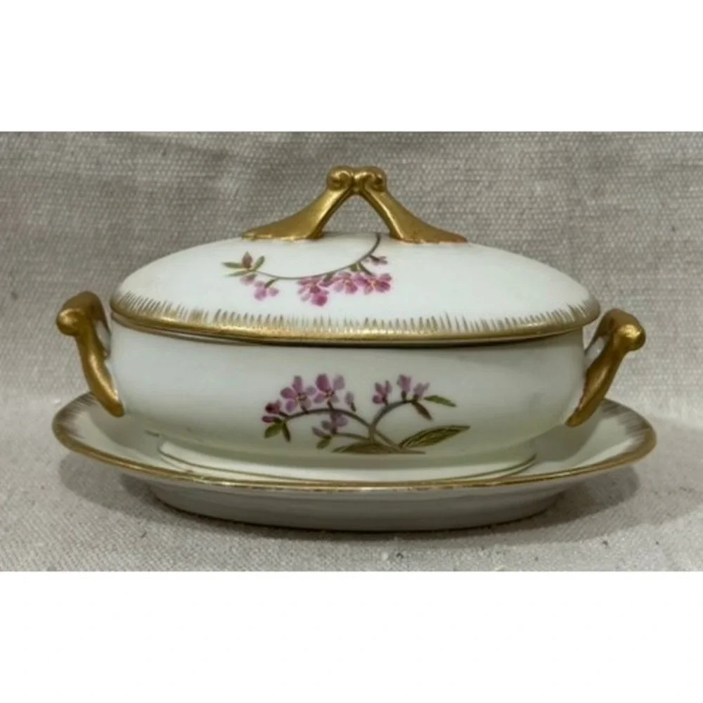 Vintage Floral Porcelain Lidded Tureen and Underplate Set Gold Gilt 6623